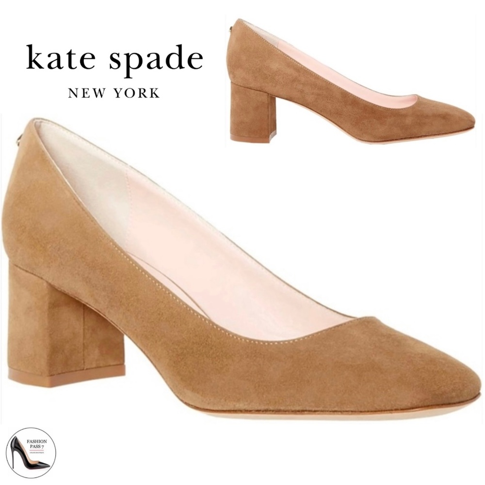 Kate Spade Kylah Tan Suede Square Toe Block Heel Pumps Designer Slip‑On Shoe 6.5